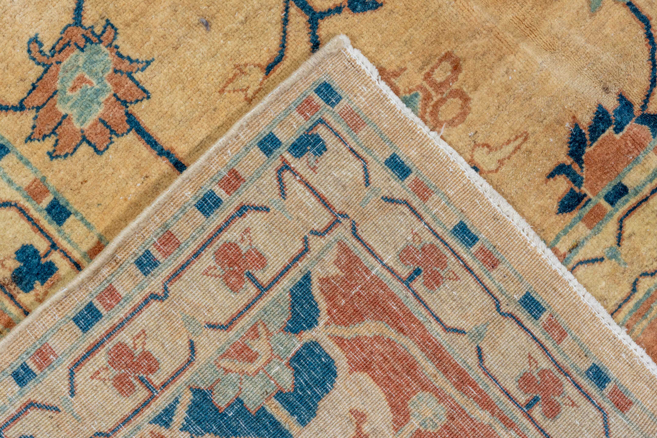 7' x 9' one-of-a-kind handmade vintage Afghan large size rug. Color palette: ivory, sand, terra cotta, navy, cream, camel