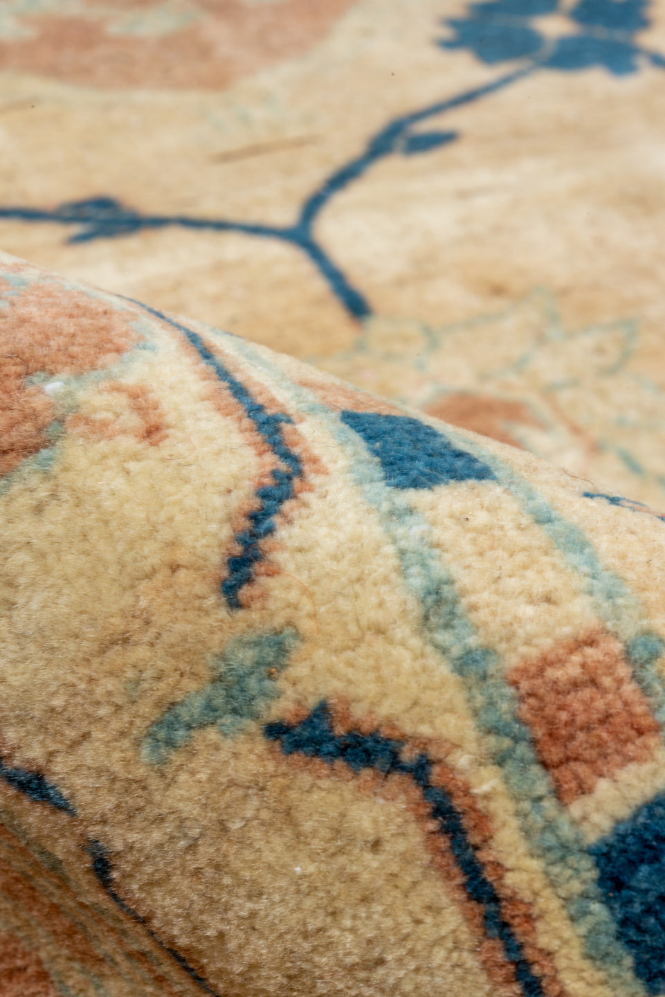 7' x 9' one-of-a-kind handmade vintage Afghan large size rug. Color palette: ivory, sand, terra cotta, navy, cream, camel