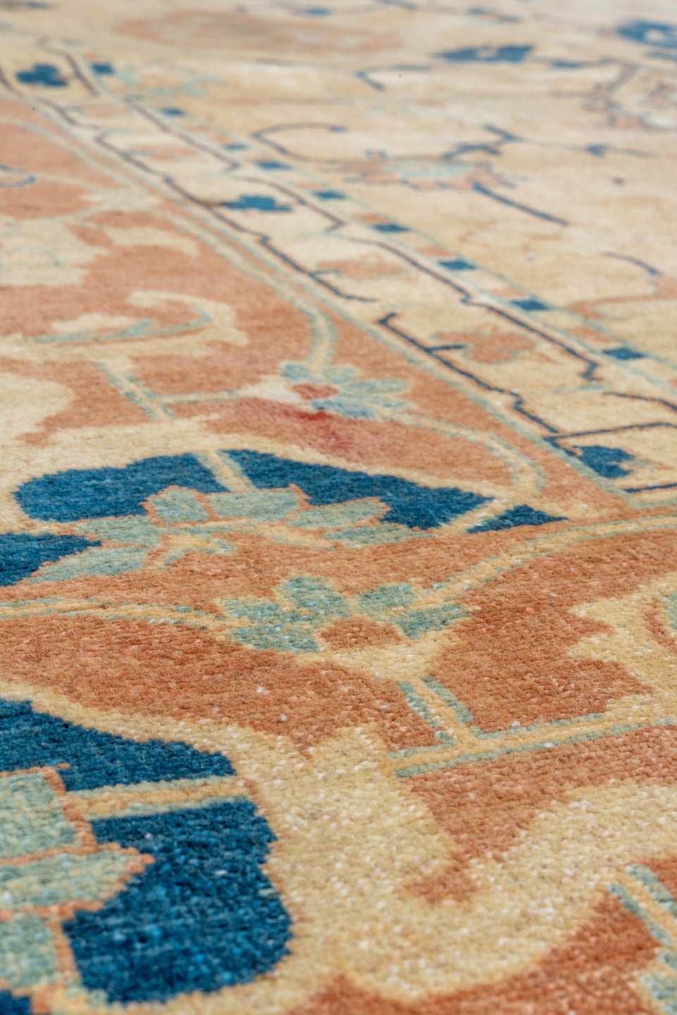 7' x 9' one-of-a-kind handmade vintage Afghan large size rug. Color palette: ivory, sand, terra cotta, navy, cream, camel