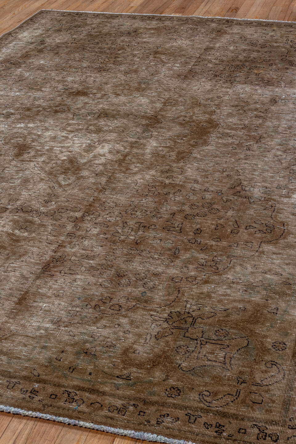 6' x 9' one-of-a-kind handmade vintage Distressed medium size rug. Color palette: taupe, brown, beige, camel, charcoal, gray