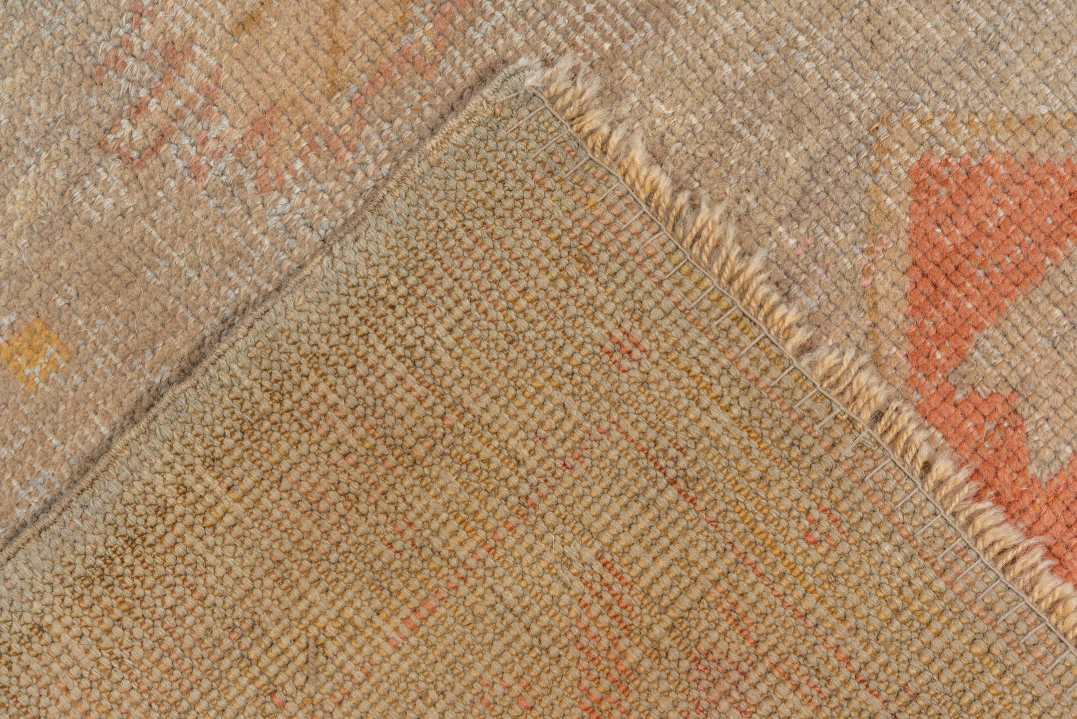 11' x 14' one-of-a-kind handmade vintage Oushak oversize rug. Color palette: beige, taupe, peach, coral, ivory, gold, sand