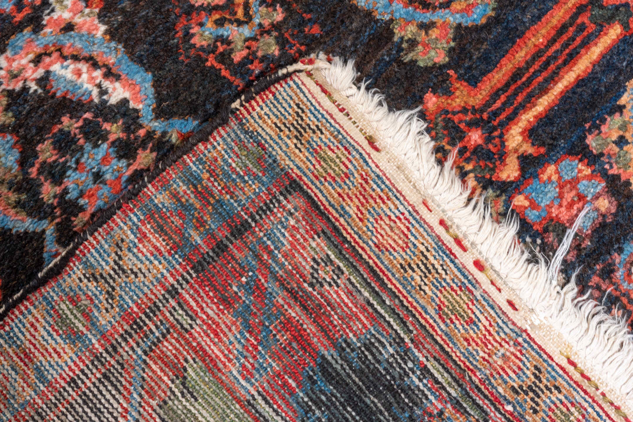 4' x 15' one-of-a-kind handmade vintage Hamadan runner rug. Color palette: black, blue, brown, fiord, gray, pink, red
