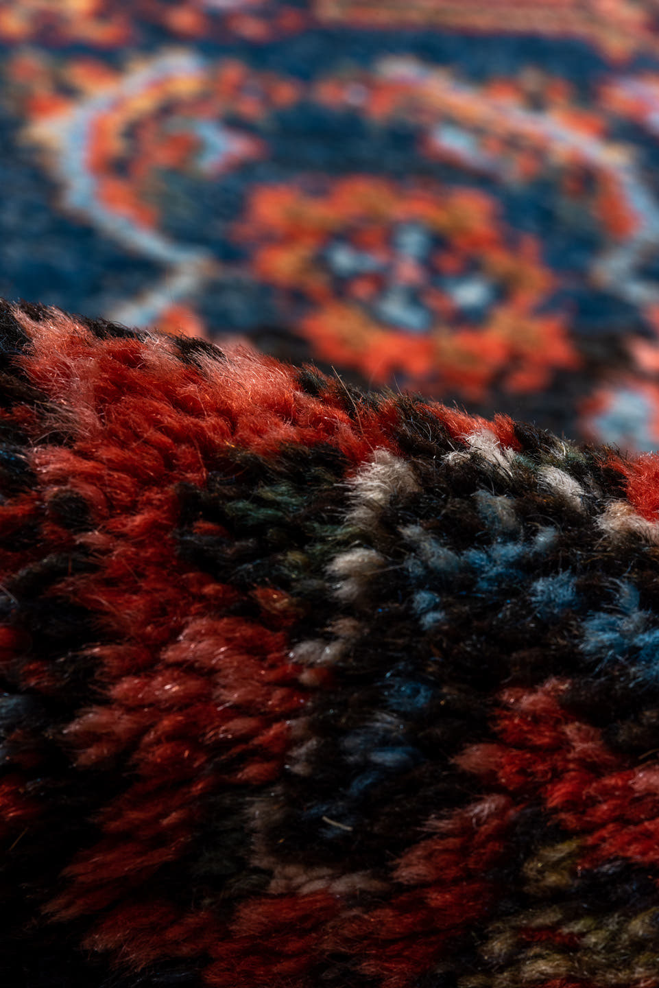 4' x 15' one-of-a-kind handmade vintage Hamadan runner rug. Color palette: navy, rust, indigo, crimson, turquoise, ivory