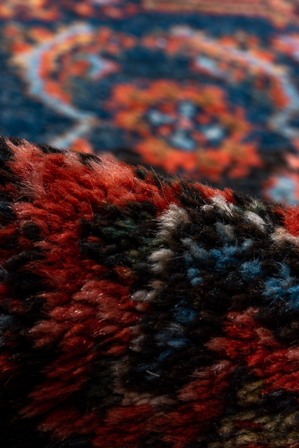 4' x 15' one-of-a-kind handmade vintage Hamadan runner rug. Color palette: black, blue, brown, fiord, gray, pink, red