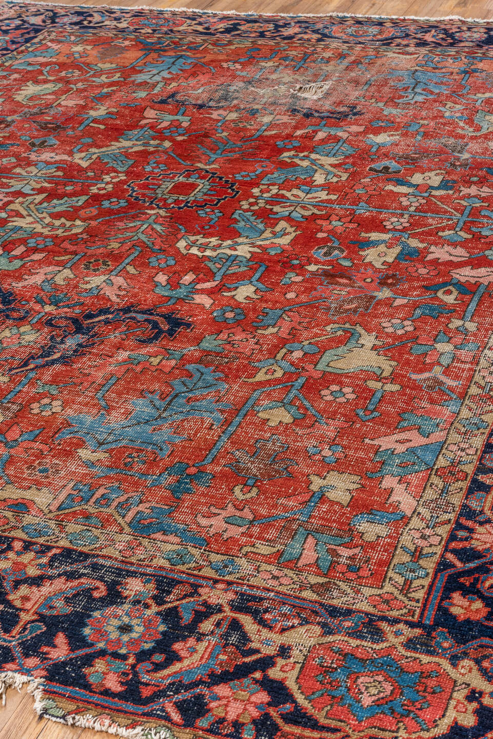 10' x 11' one-of-a-kind handmade vintage Heriz large size rug. Color palette: rust, navy, ivory, turquoise, coral, camel