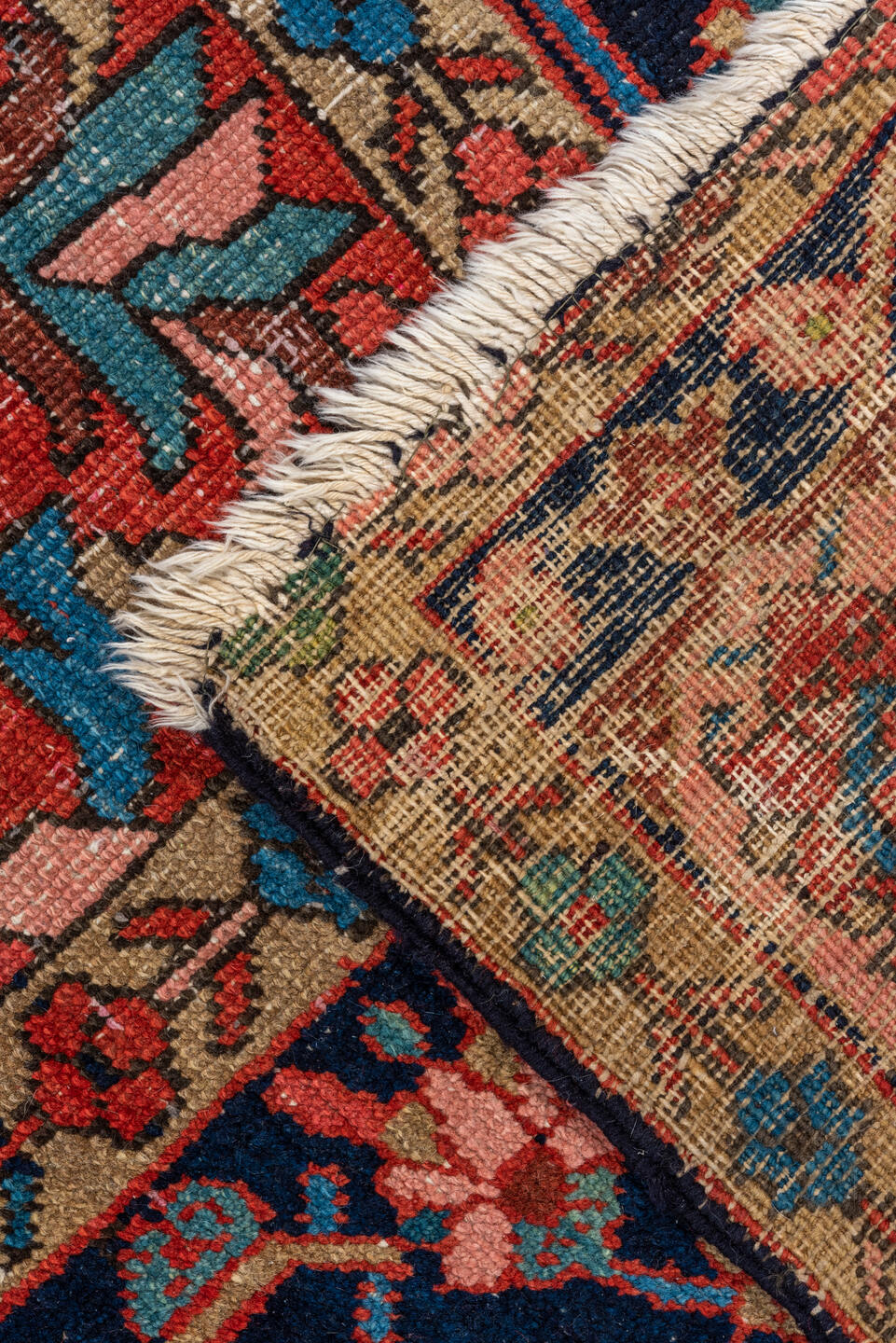10' x 11' one-of-a-kind handmade vintage Heriz large size rug. Color palette: rust, navy, ivory, turquoise, coral, camel