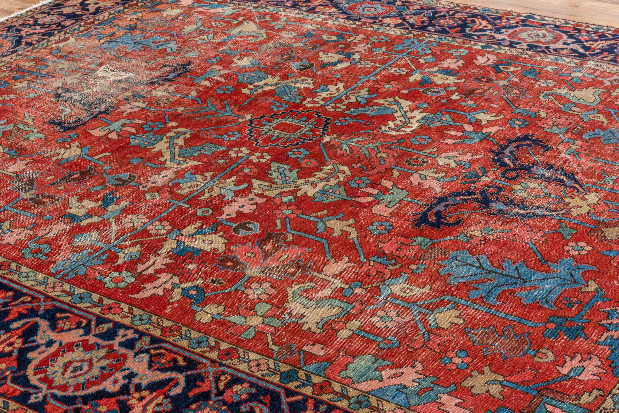 10' x 11' one-of-a-kind handmade vintage Heriz large size rug. Color palette: rust, navy, ivory, turquoise, coral, camel