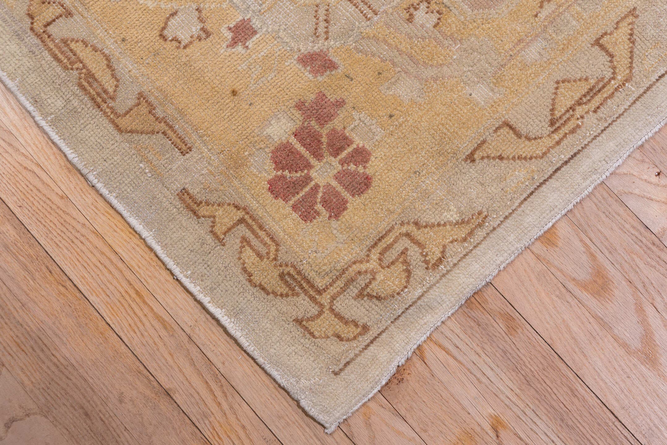 12' x 14' one-of-a-kind handmade antique Oushak oversize rug. Color palette: ivory, gold, camel, blush, taupe, rust, sage
