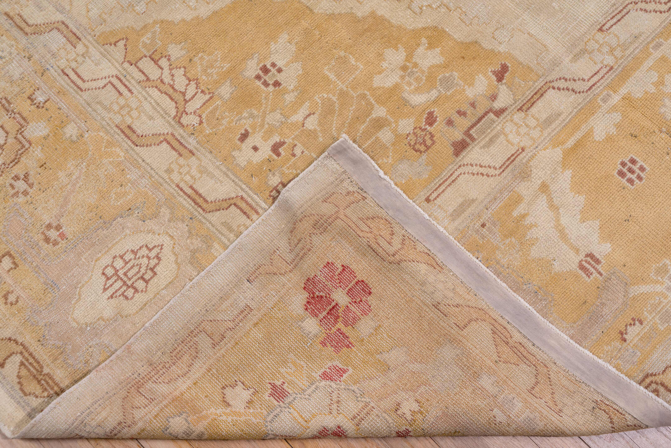 12' x 14' one-of-a-kind handmade antique Oushak oversize rug. Color palette: ivory, gold, camel, blush, taupe, rust, sage
