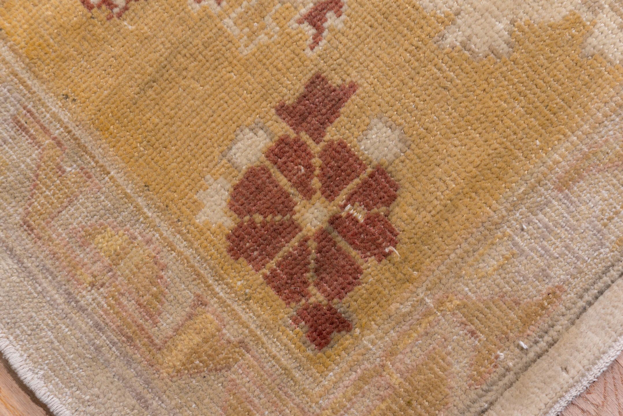 12' x 14' one-of-a-kind handmade antique Oushak oversize rug. Color palette: ivory, gold, camel, blush, taupe, rust, sage