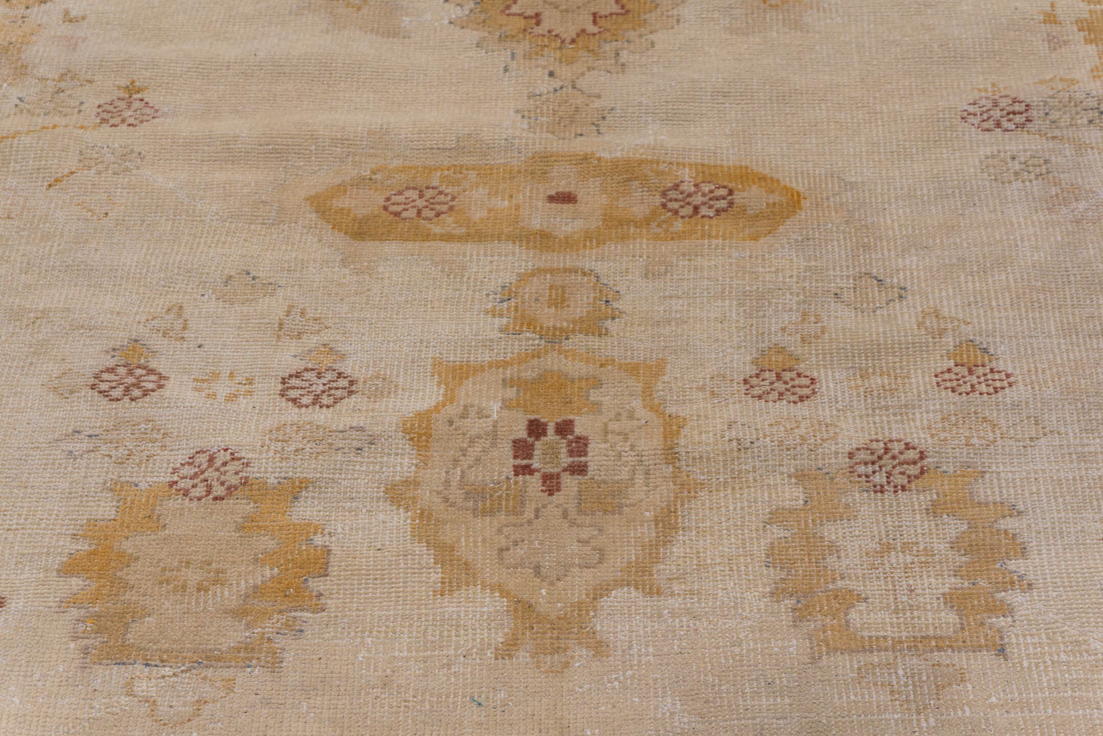 12' x 14' one-of-a-kind handmade antique Oushak oversize rug. Color palette: ivory, gold, camel, blush, taupe, rust, sage