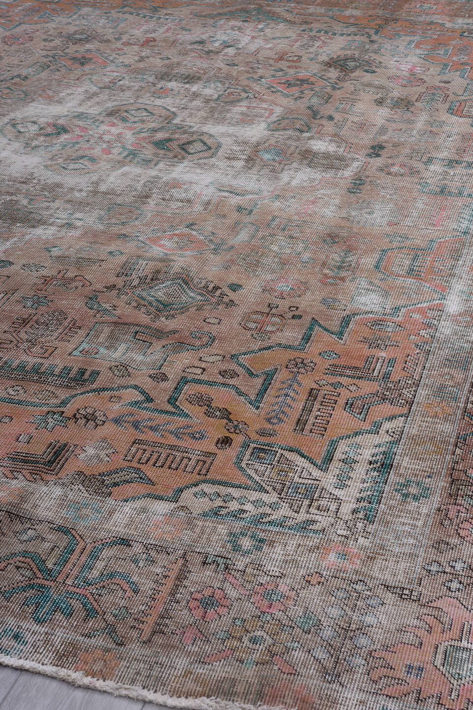 10' x 14' one-of-a-kind handmade vintage Distressed large size rug. Color palette: taupe, blush, teal, coral, ivory, brown