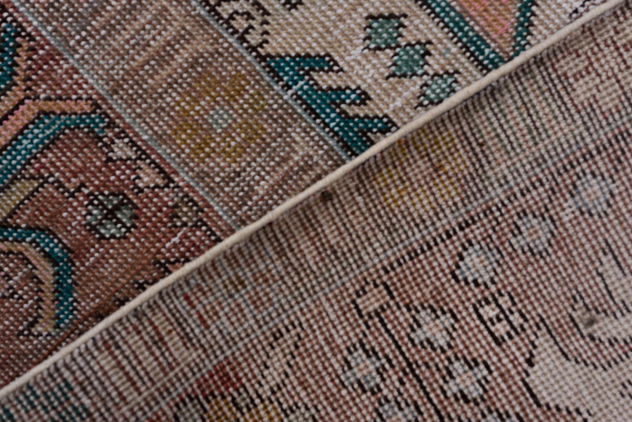 10' x 14' one-of-a-kind handmade vintage Distressed large size rug. Color palette: taupe, blush, teal, coral, ivory, brown