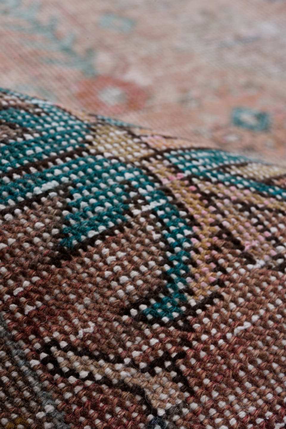 10' x 14' one-of-a-kind handmade vintage Distressed large size rug. Color palette: taupe, blush, teal, coral, ivory, brown