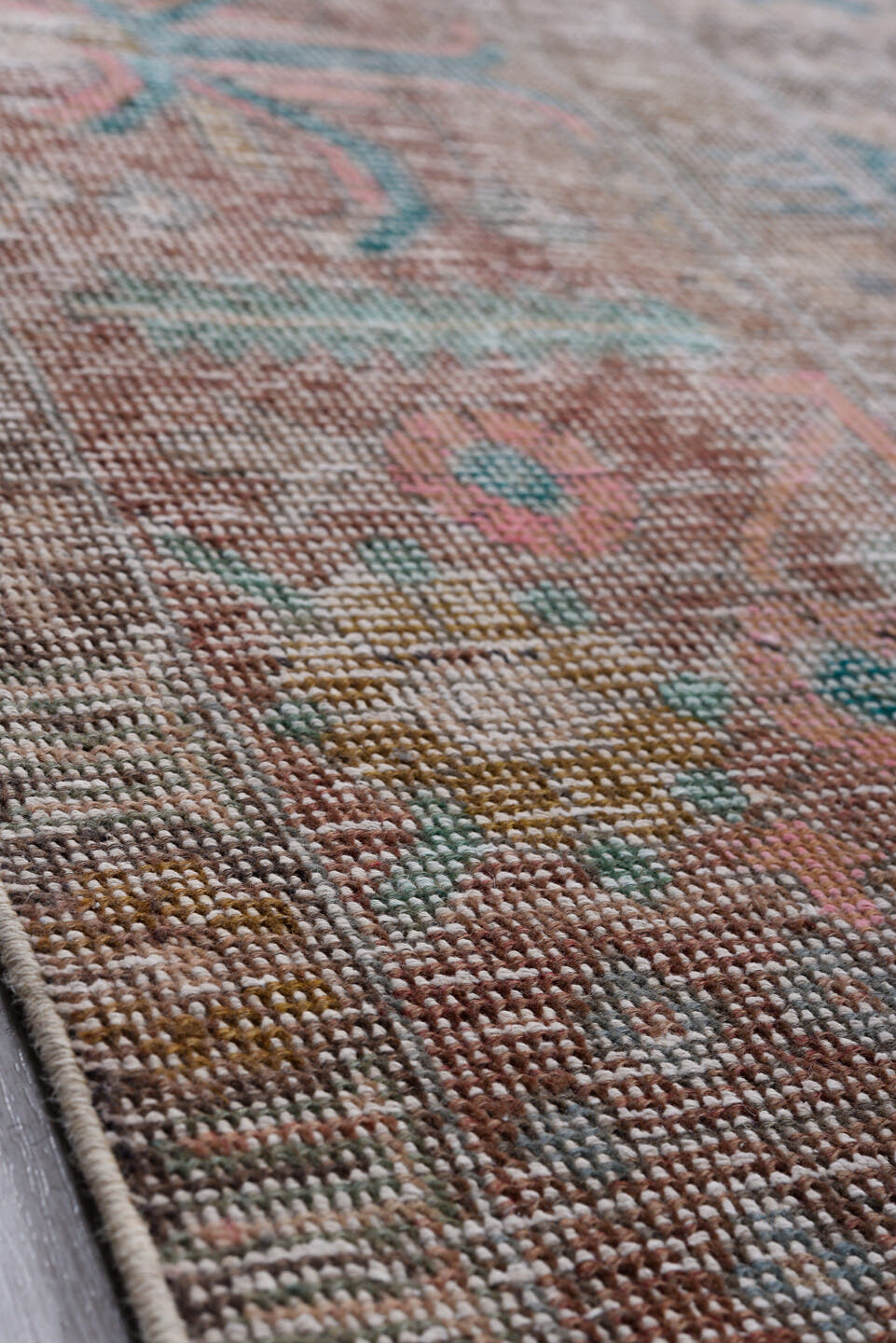 10' x 14' one-of-a-kind handmade vintage Distressed large size rug. Color palette: taupe, blush, teal, coral, ivory, brown