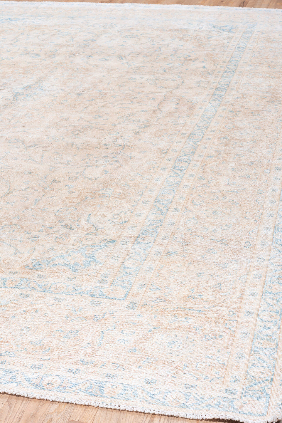 10' x 14' one-of-a-kind handmade vintage Distressed large size rug. Color palette: ivory, pale blue, cream, beige, taupe