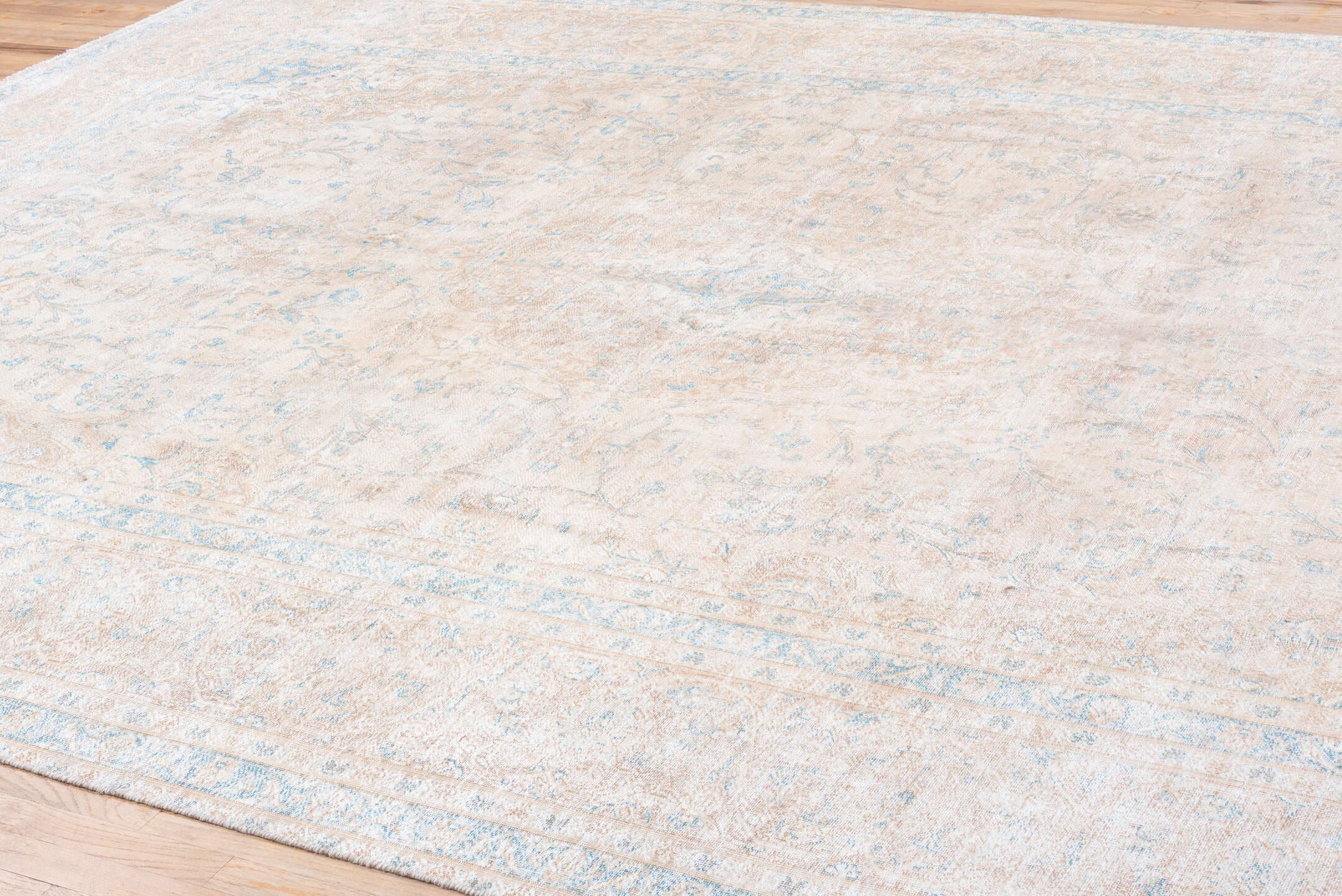 10' x 14' one-of-a-kind handmade vintage Distressed large size rug. Color palette: ivory, pale blue, cream, beige, taupe
