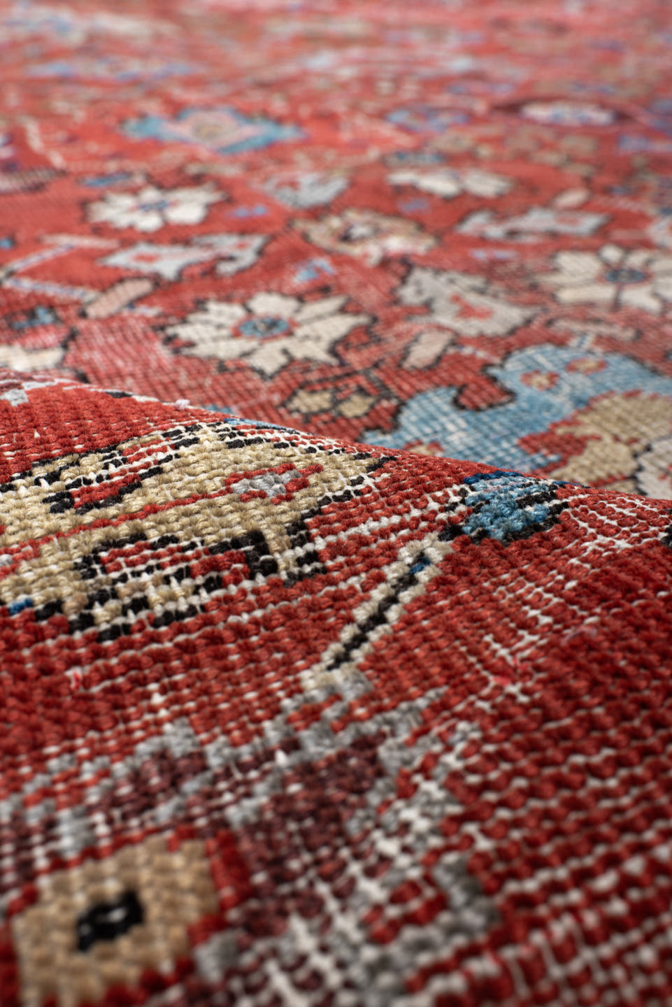 12' x 17' one-of-a-kind handmade vintage Sultanabad oversize rug. Color palette: rust, navy, ivory, sky blue, terracotta