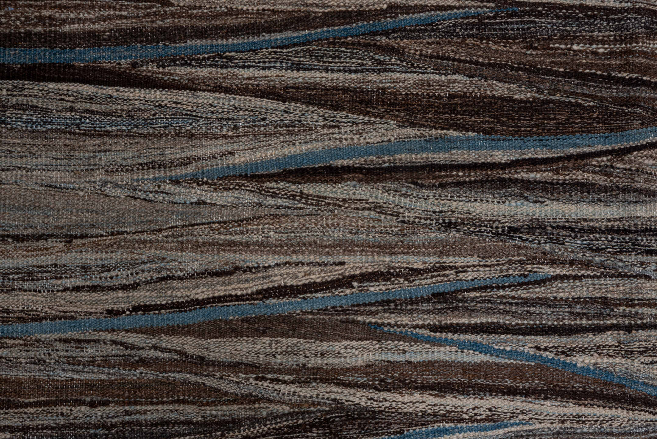 9' x 11' one-of-a-kind handmade vintage Kilim large size rug. Color palette: taupe, brown, gray, blue, charcoal, ivory