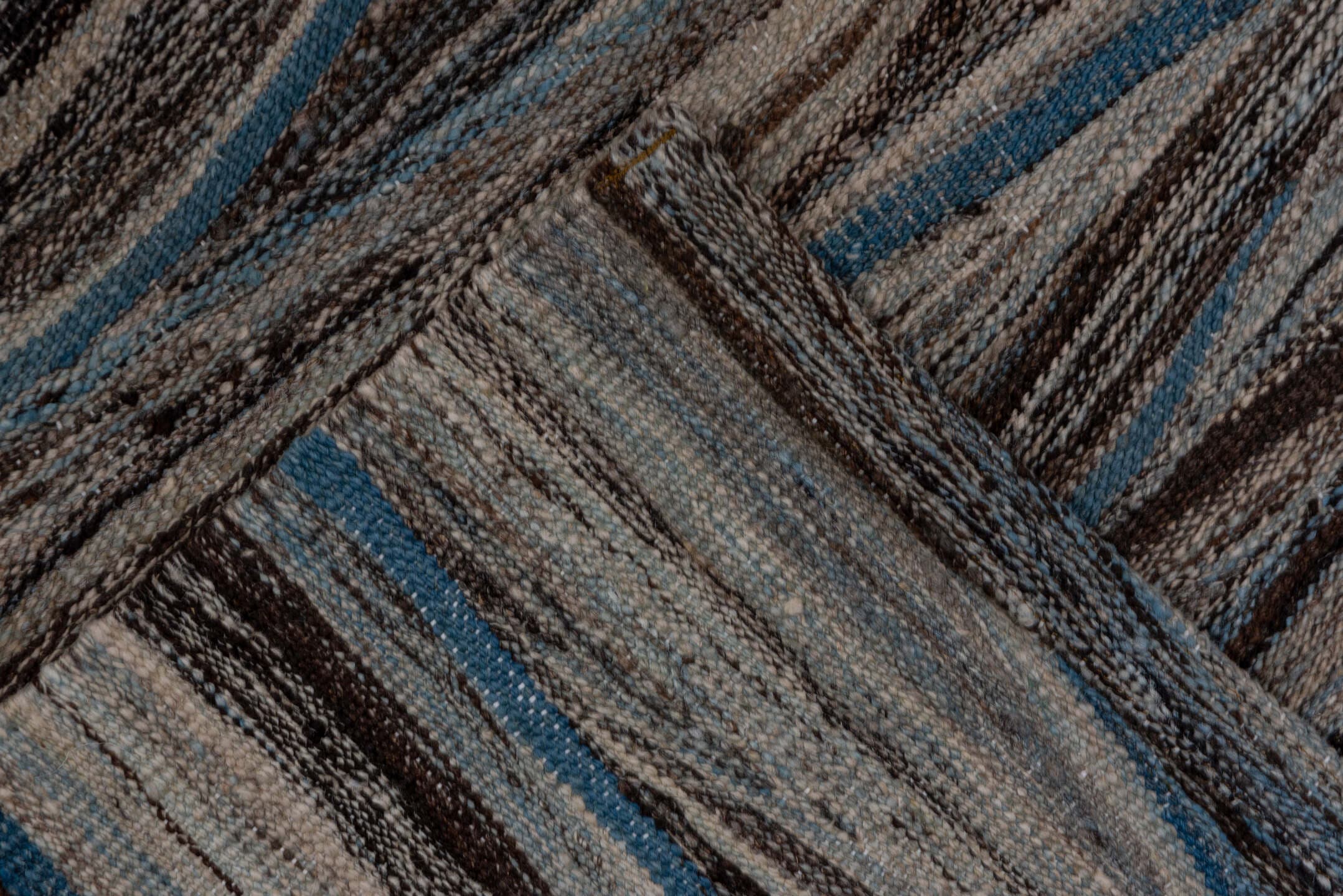 9' x 11' one-of-a-kind handmade vintage Kilim large size rug. Color palette: taupe, brown, gray, blue, charcoal, ivory