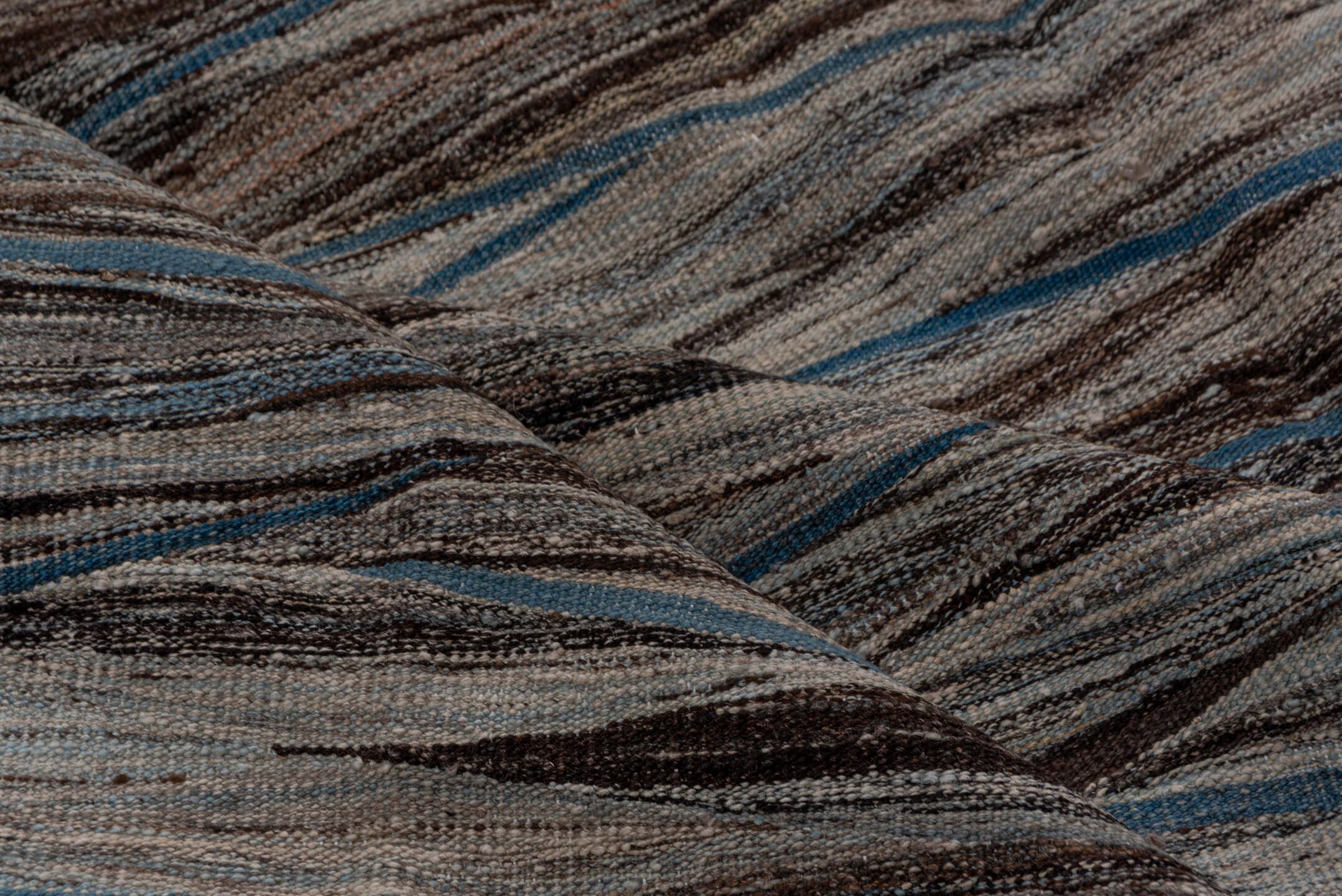 9' x 11' one-of-a-kind handmade vintage Kilim large size rug. Color palette: taupe, brown, gray, blue, charcoal, ivory