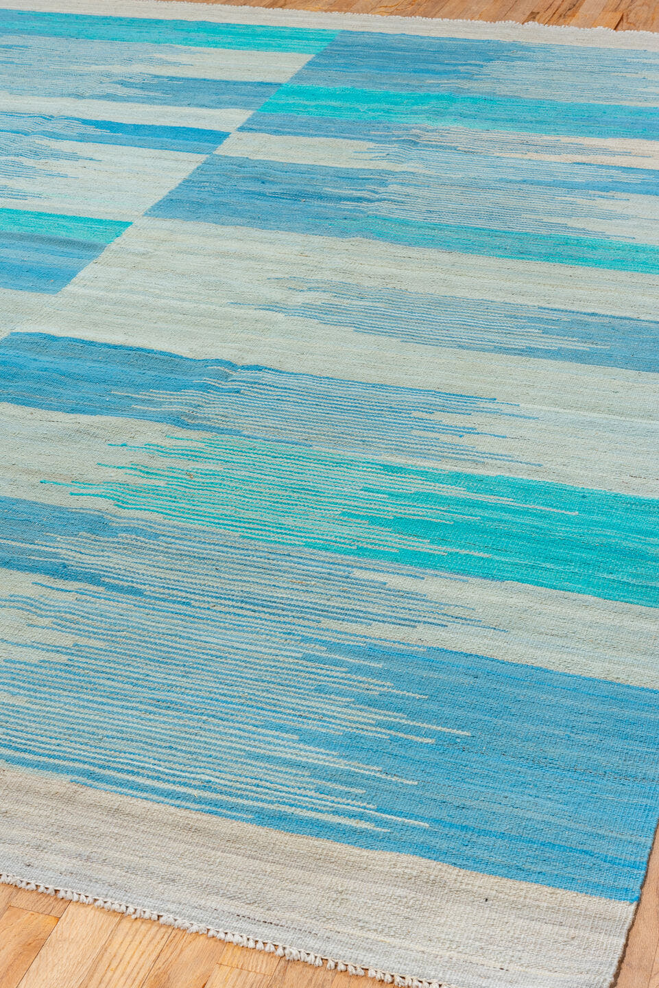 8' x 9' one-of-a-kind handmade vintage Kilim rug. Color palette: ivory, sky blue, turquoise, aqua, beige, light blue, teal