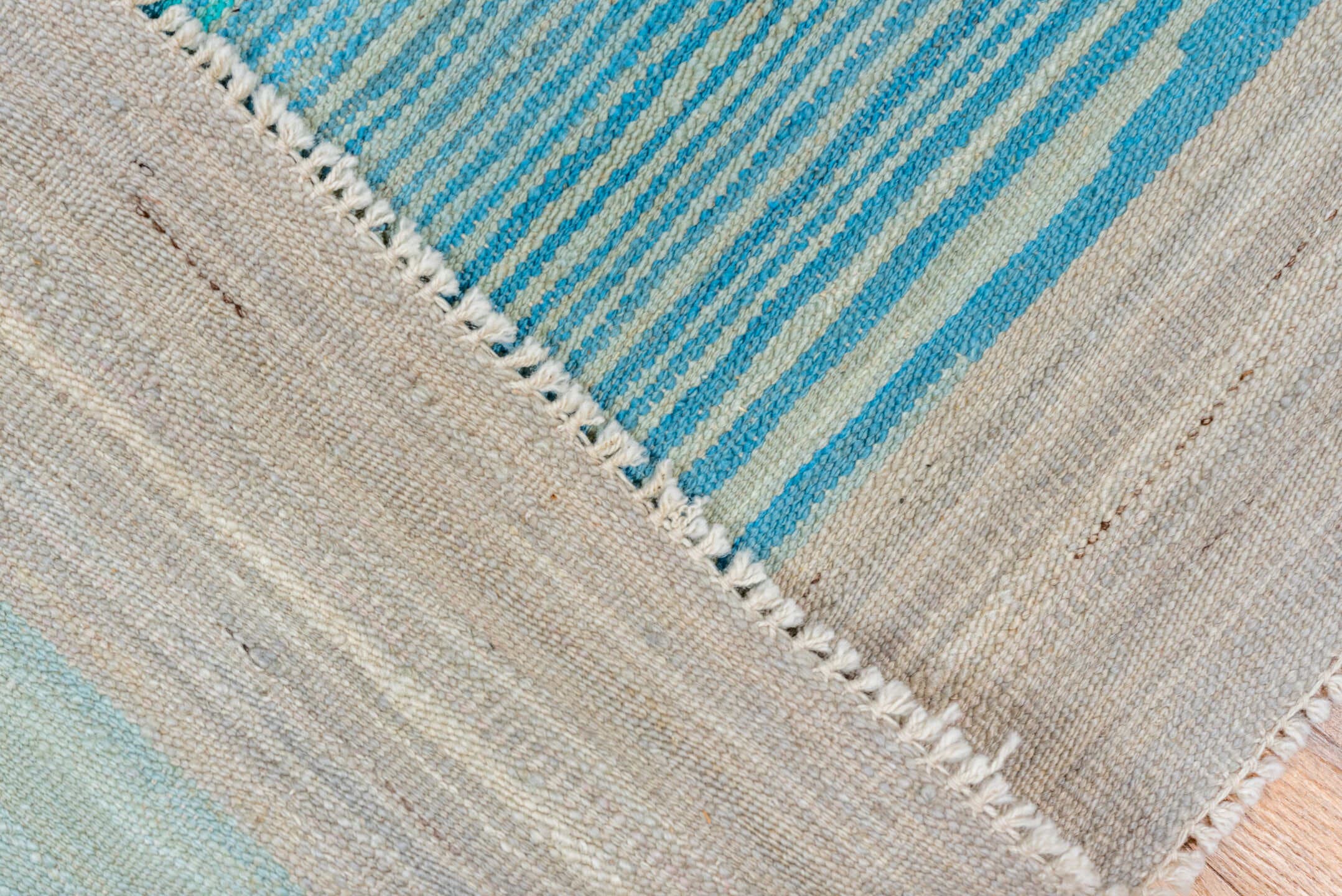 8' x 9' one-of-a-kind handmade vintage Kilim rug. Color palette: ivory, sky blue, turquoise, aqua, beige, light blue, teal