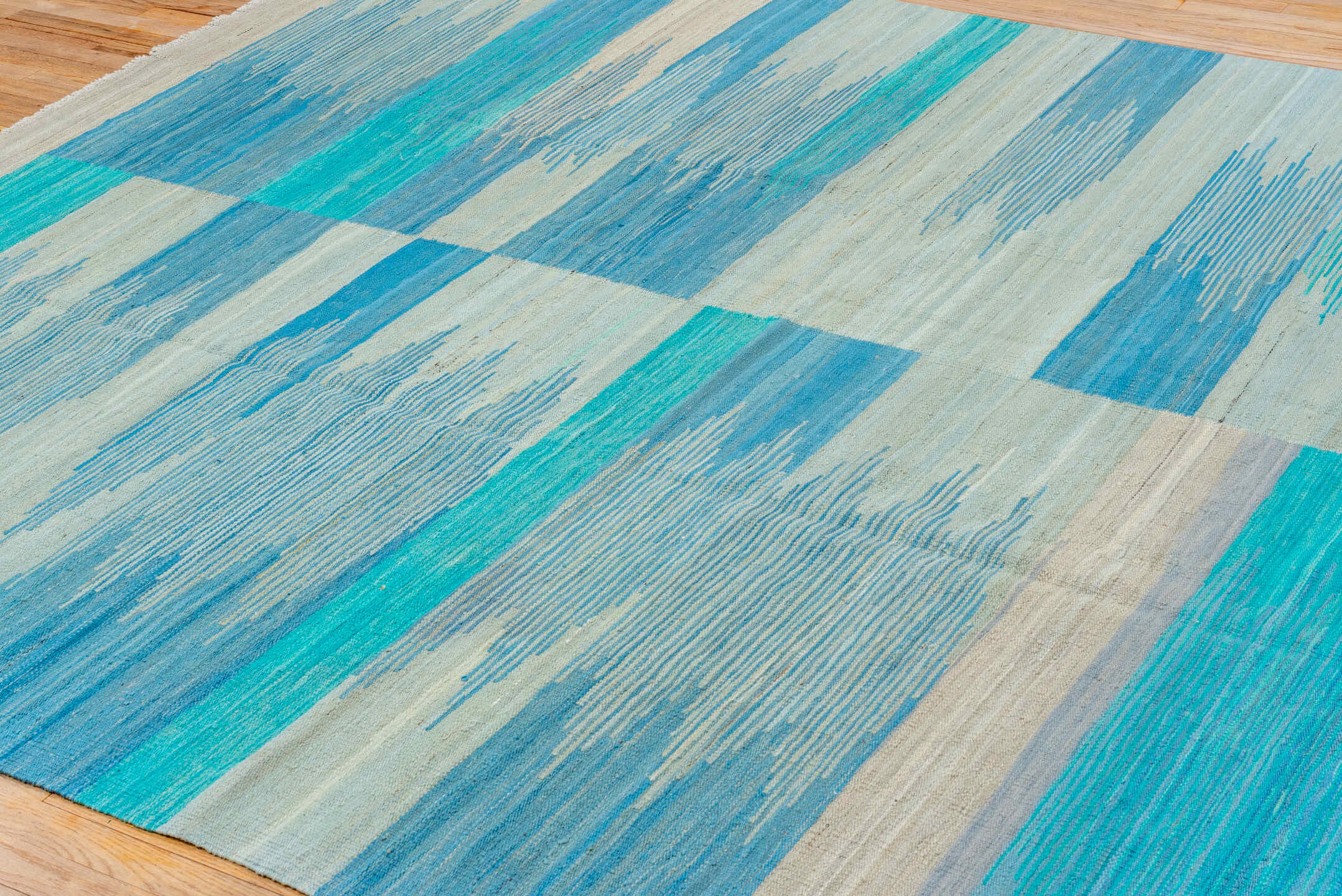 8' x 9' one-of-a-kind handmade vintage Kilim rug. Color palette: ivory, sky blue, turquoise, aqua, beige, light blue, teal