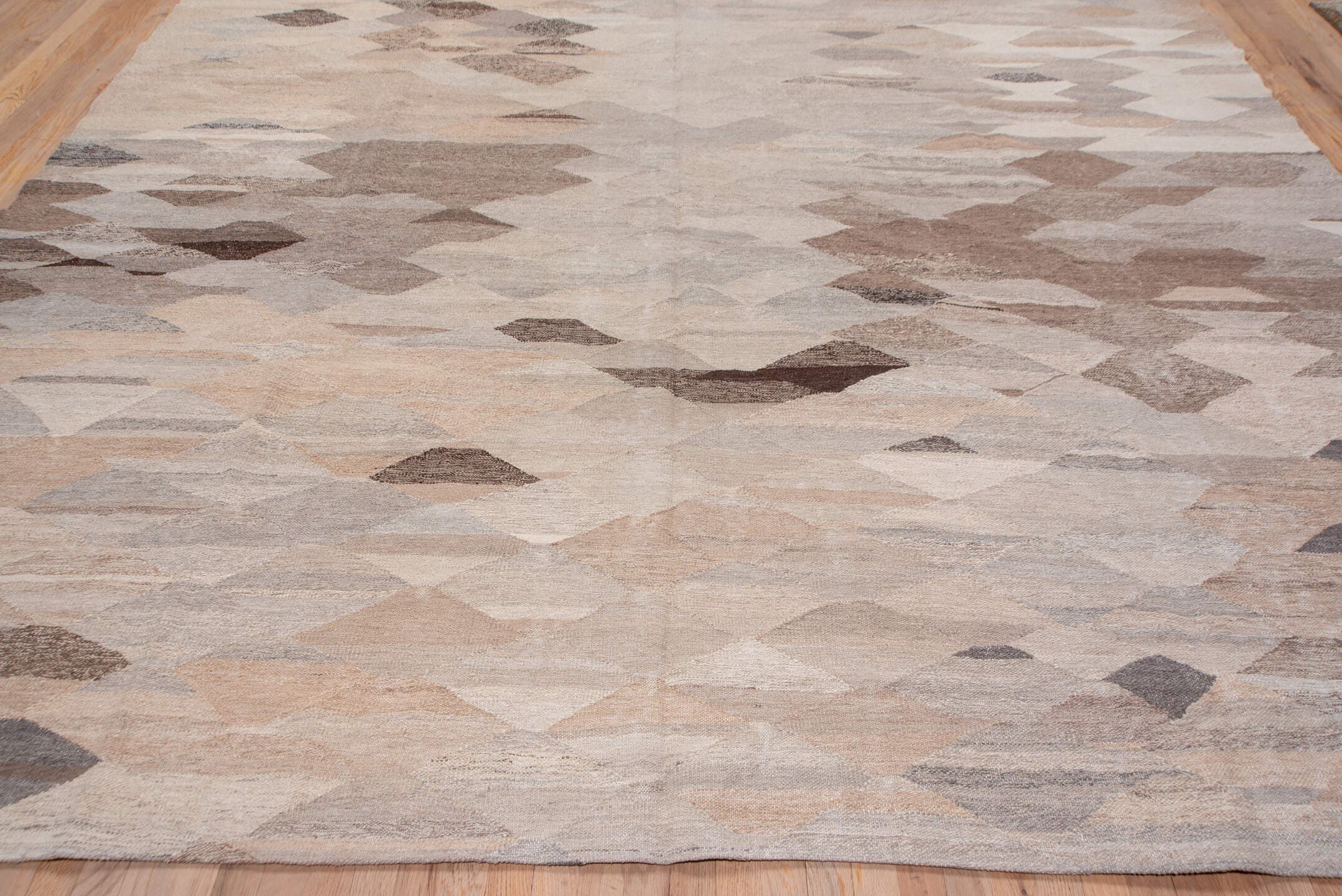 10' x 16' one-of-a-kind handmade vintage Kilim rug. Color palette: taupe, beige, ivory, brown, greige, camel, charcoal, rose