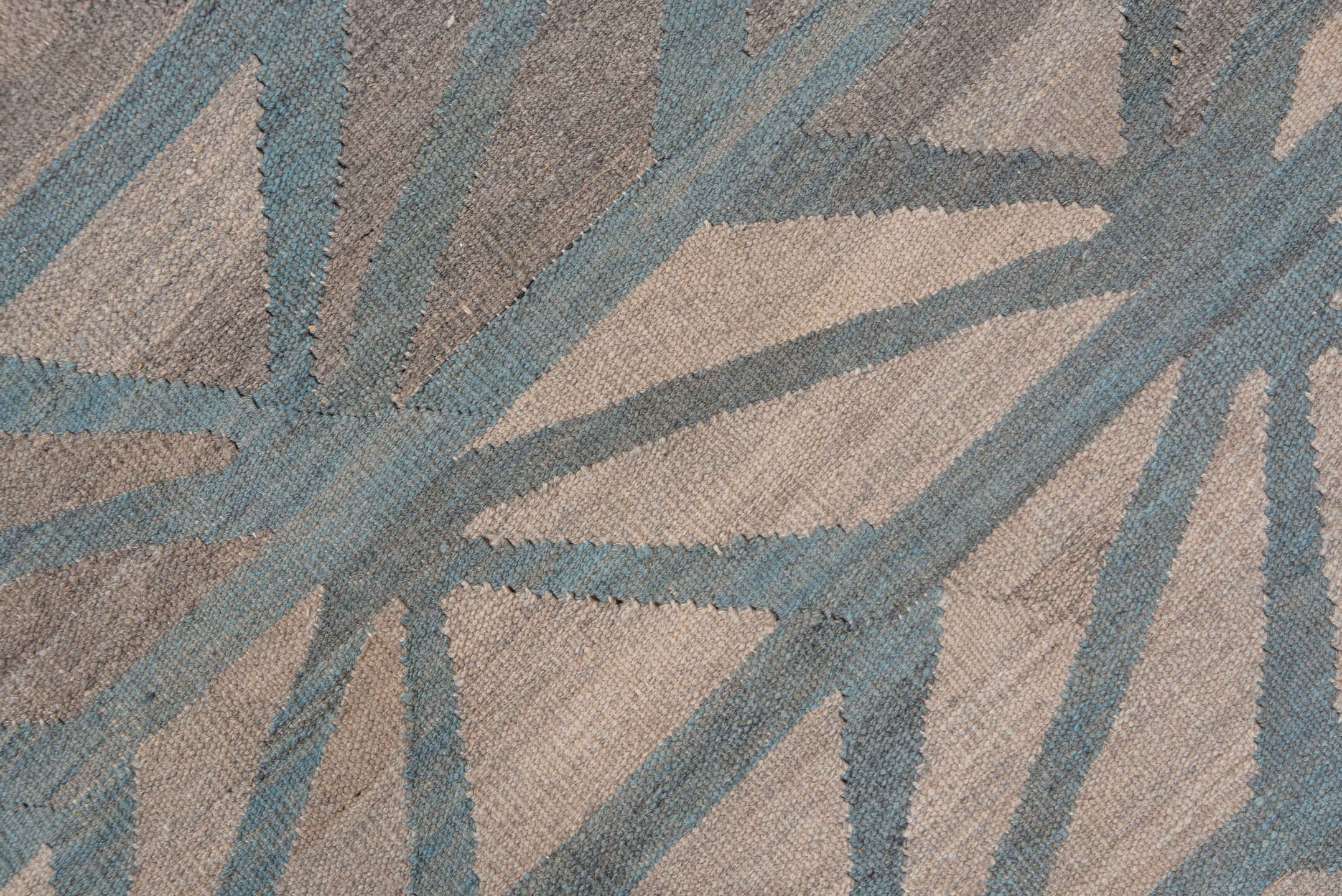 10' x 12' one-of-a-kind handmade vintage Kilim large size rug. Color palette: blue, dim gray, gray, light gray, pink, silver