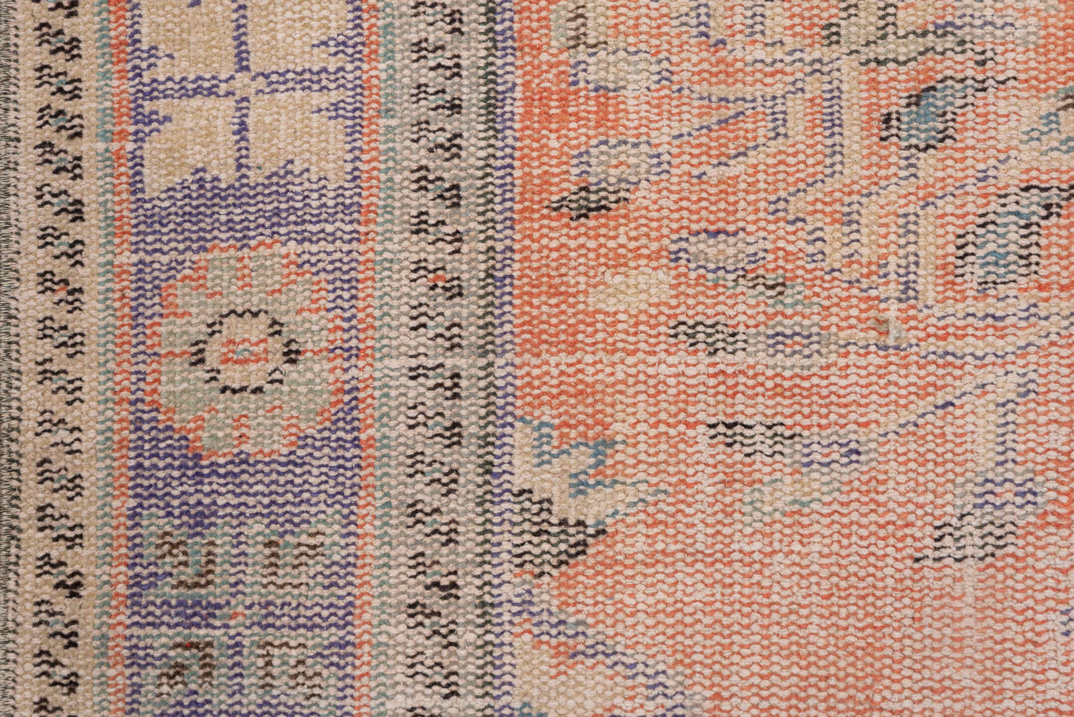 6' x 10' one-of-a-kind handmade vintage Sparta large size rug. Color palette: coral, lavender, ivory, taupe, slate, peach