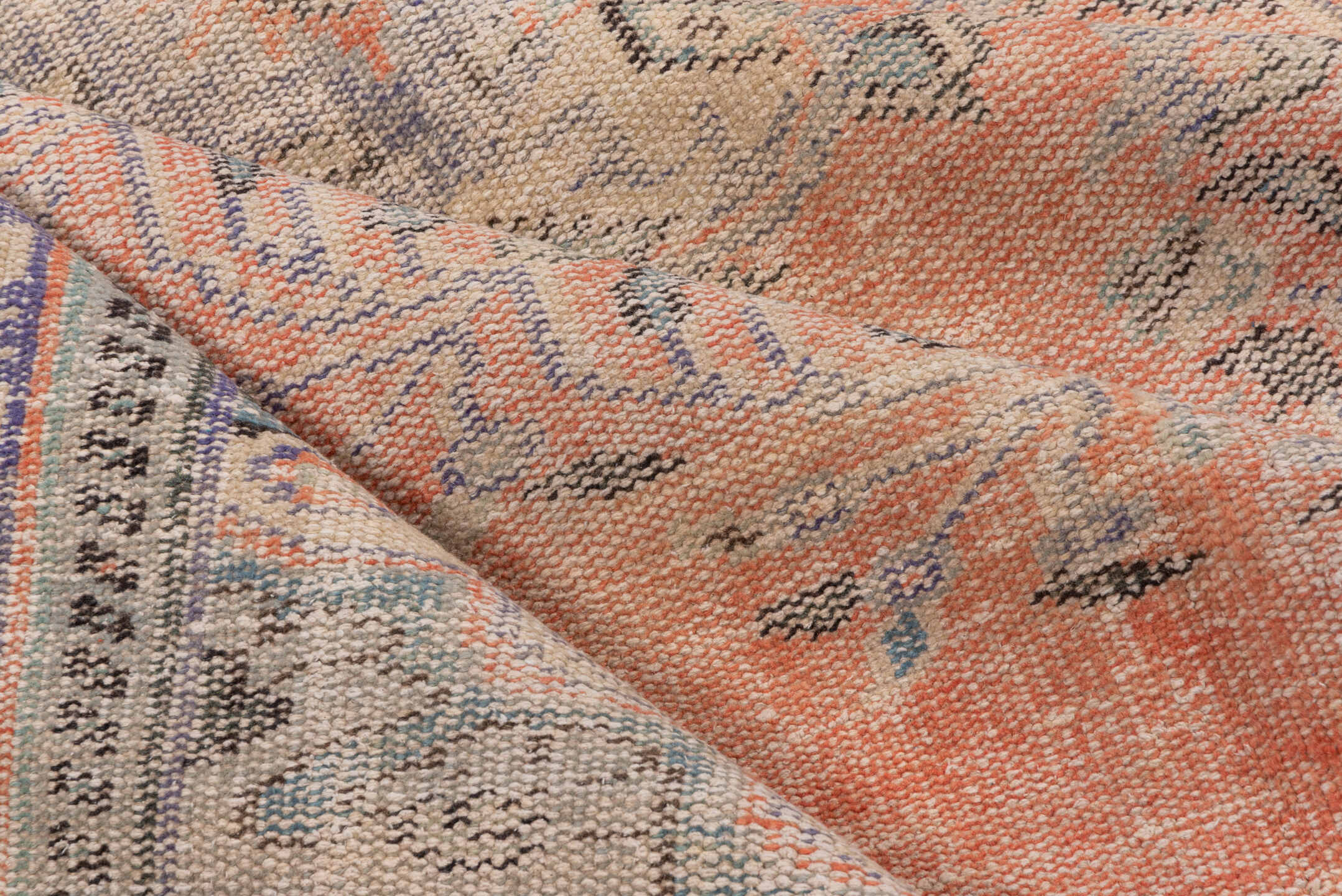 6' x 10' one-of-a-kind handmade vintage Sparta large size rug. Color palette: coral, lavender, ivory, taupe, slate, peach