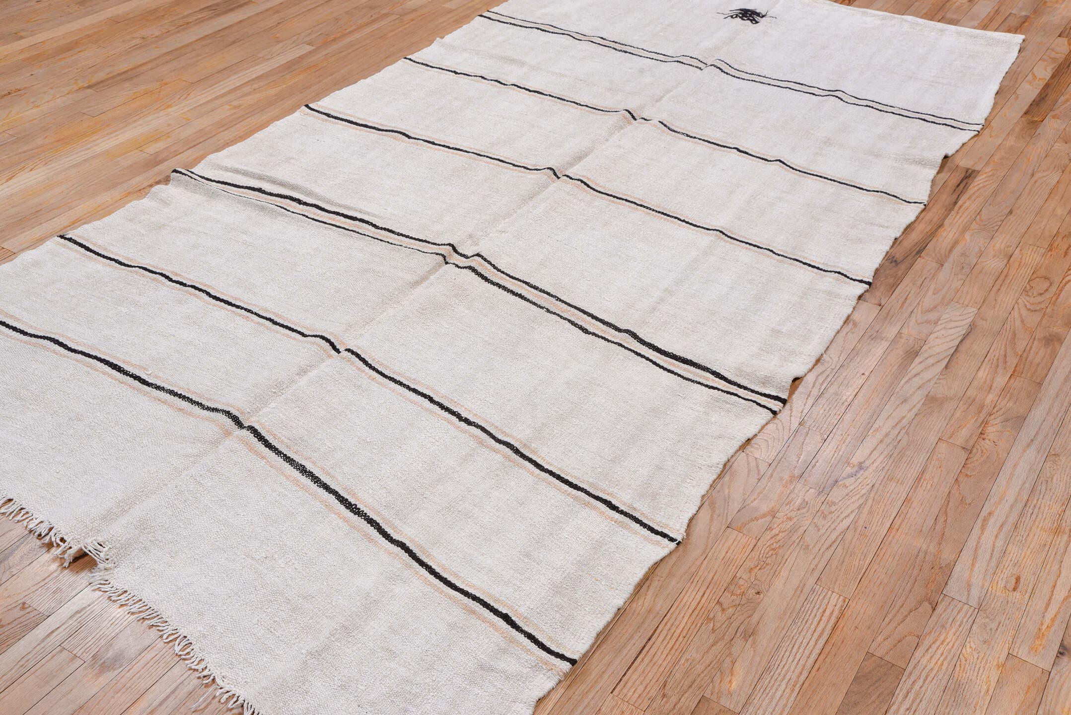 5' x 11' one-of-a-kind handmade vintage Hemp Kilim runner rug. Color palette: ivory, charcoal, taupe, cream, gray, black