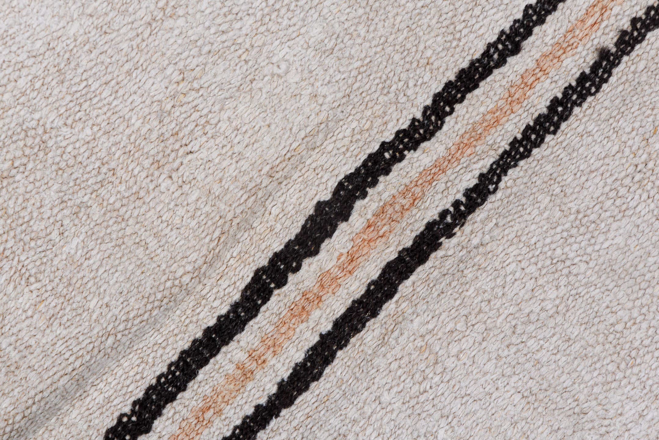 5' x 11' one-of-a-kind handmade vintage Hemp Kilim runner rug. Color palette: ivory, charcoal, taupe, cream, gray, black