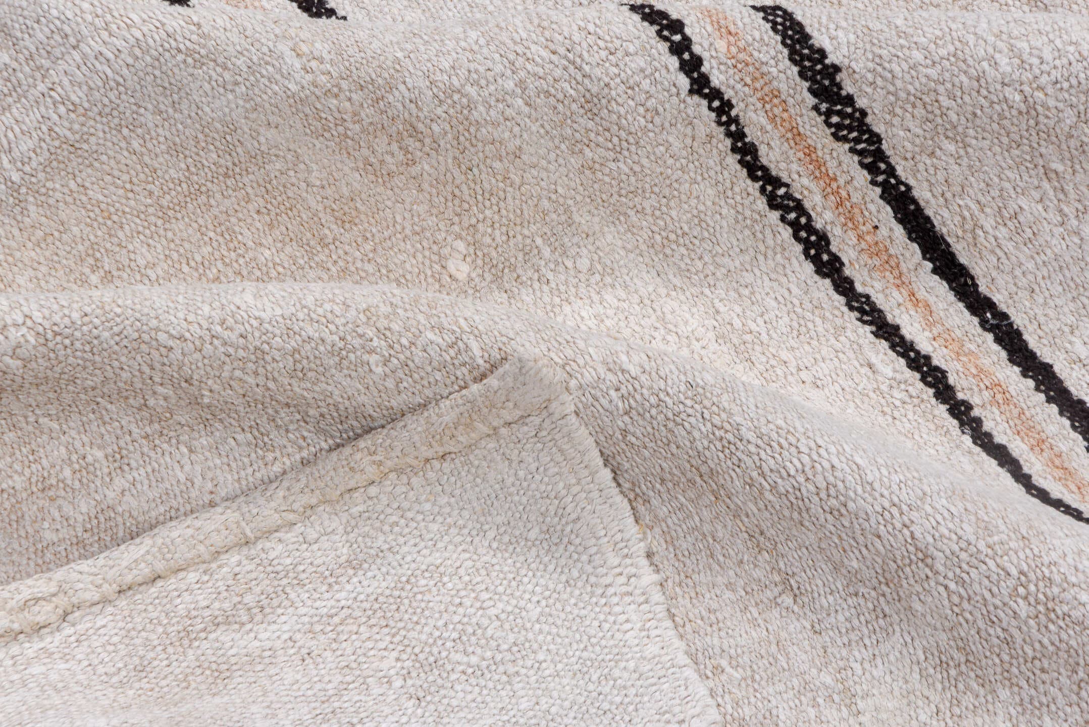 5' x 11' one-of-a-kind handmade vintage Hemp Kilim runner rug. Color palette: ivory, charcoal, taupe, cream, gray, black