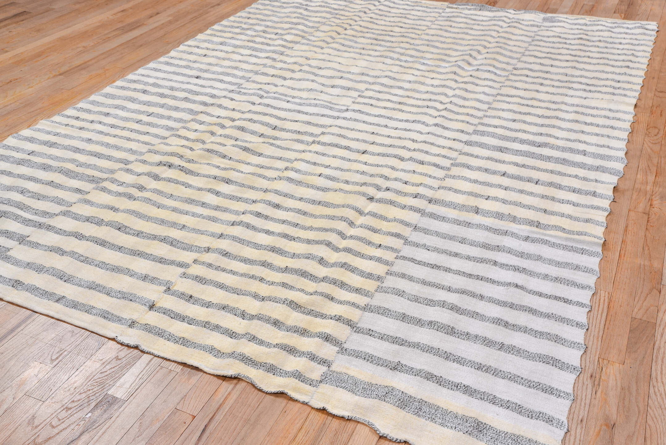 7' x 10' one-of-a-kind handmade vintage Textile large size rug. Color palette: dark gray, gainsboro, gray, light gray, linen