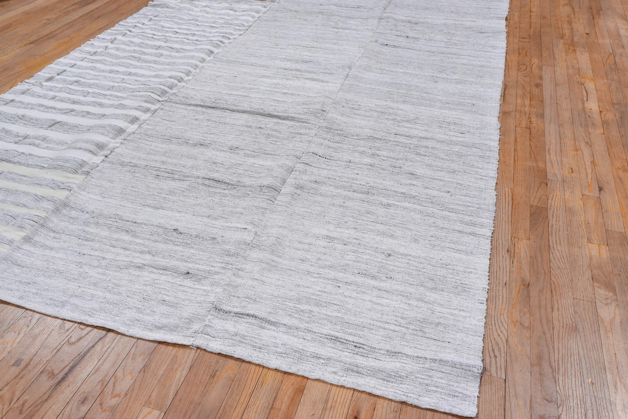 7' x 11' one-of-a-kind handmade vintage Hemp Kilim large size rug. Color palette: ivory, pale blue, light gray, light blue