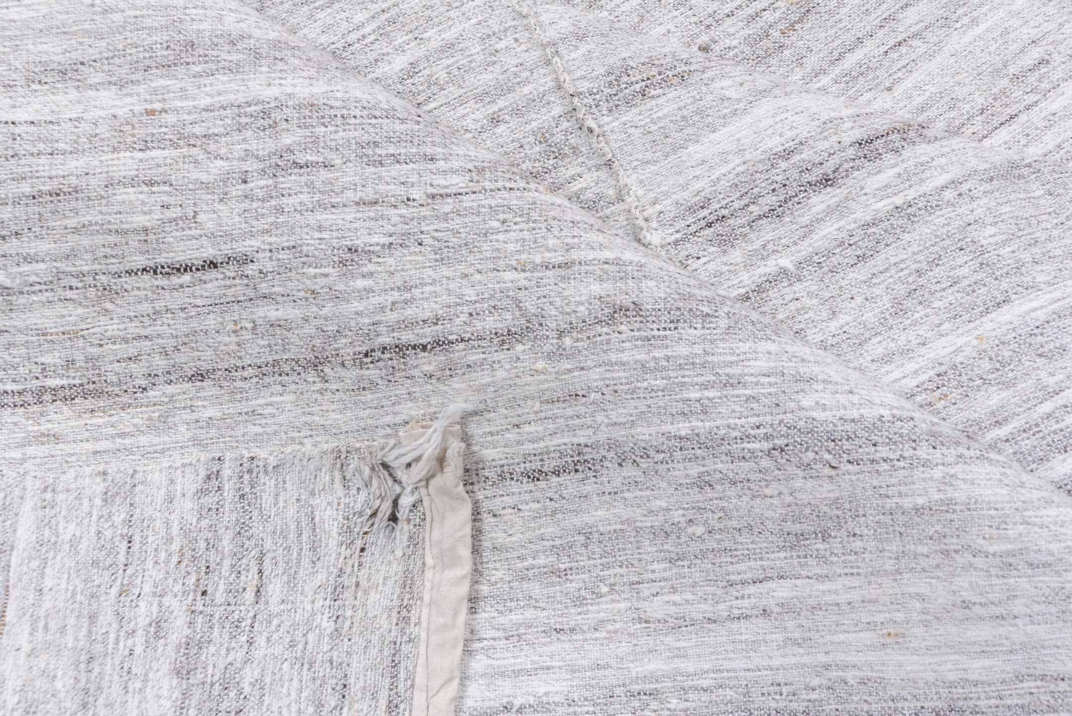 8' x 12' one-of-a-kind handmade vintage Hemp Kilim large size rug. Color palette: ivory, light gray, taupe, camel, beige