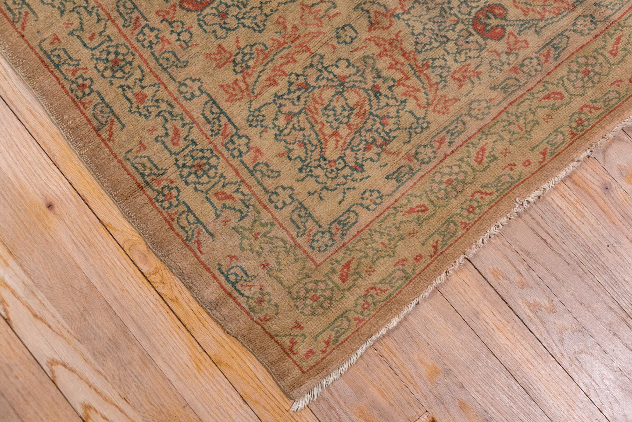 9' x 11' one-of-a-kind handmade antique Oushak large size rug. Color palette: taupe, beige, sage, coral, faded blue, ivory
