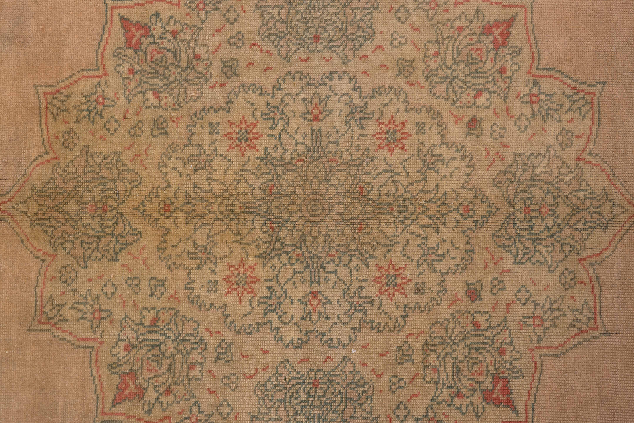 9' x 11' one-of-a-kind handmade antique Oushak large size rug. Color palette: taupe, beige, sage, coral, faded blue, ivory