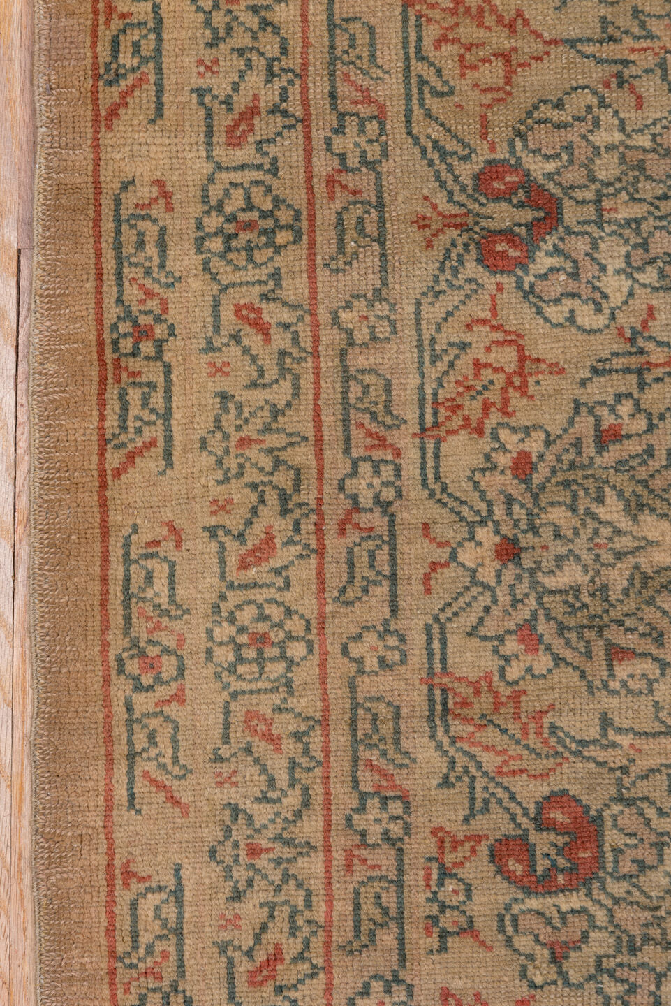 9' x 11' one-of-a-kind handmade antique Oushak large size rug. Color palette: taupe, beige, sage, coral, faded blue, ivory