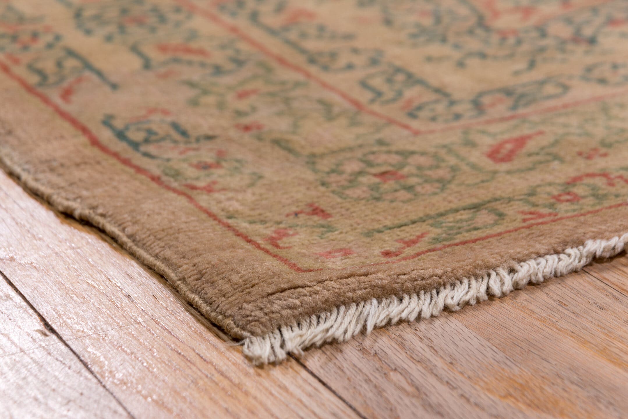9' x 11' one-of-a-kind handmade antique Oushak large size rug. Color palette: taupe, beige, sage, coral, faded blue, ivory