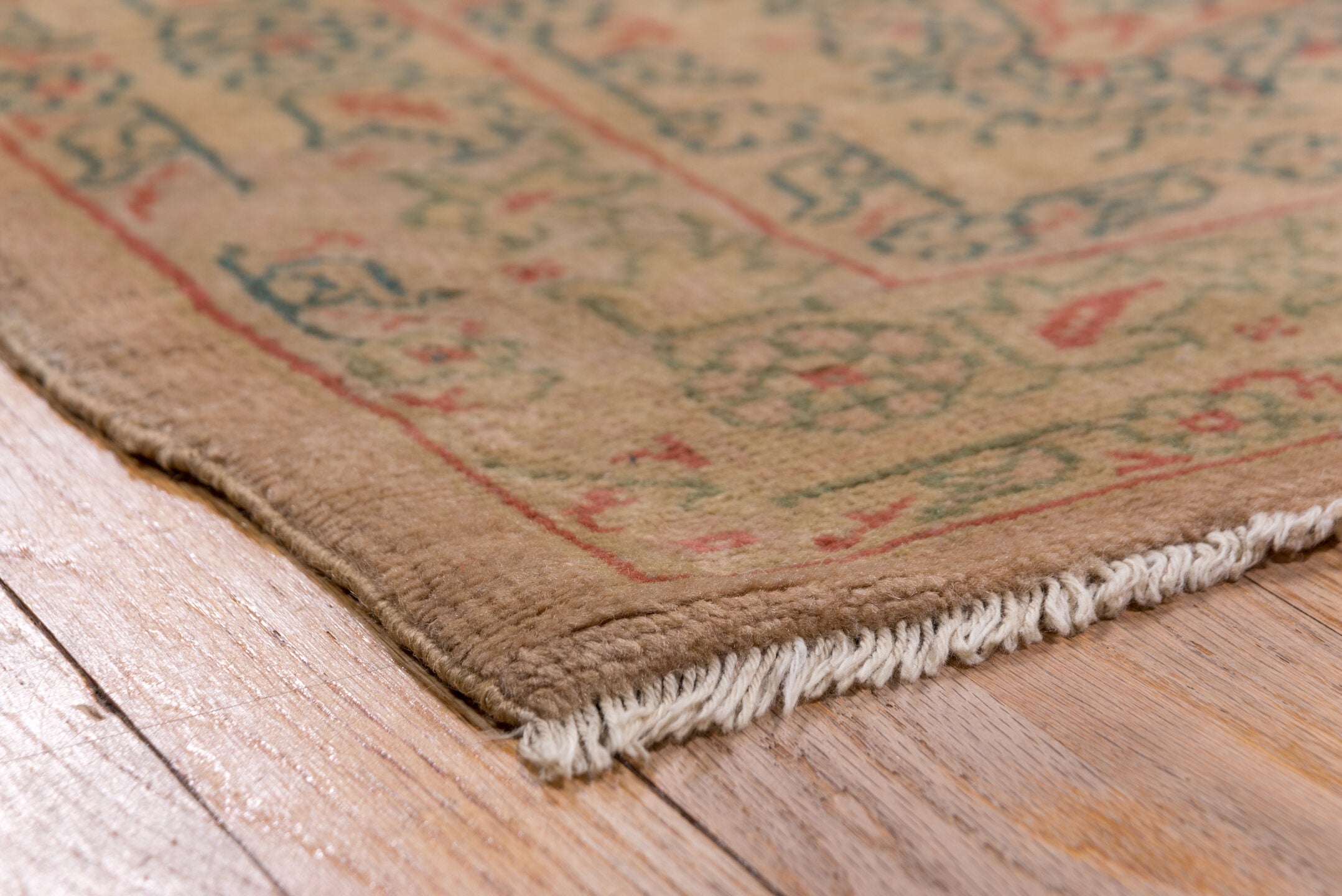 9' x 11' one-of-a-kind handmade antique Oushak large size rug. Color palette: taupe, beige, sage, coral, faded blue, ivory