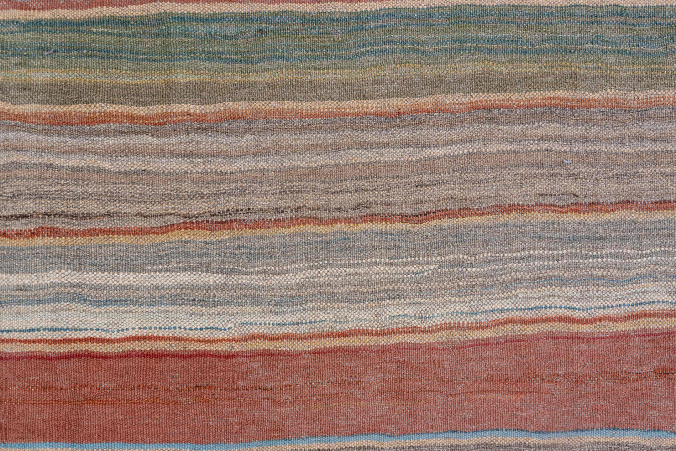 8' x 11' one-of-a-kind handmade vintage Kilim large size rug. Color palette: ivory, muted blue, taupe, blush, sage, sand