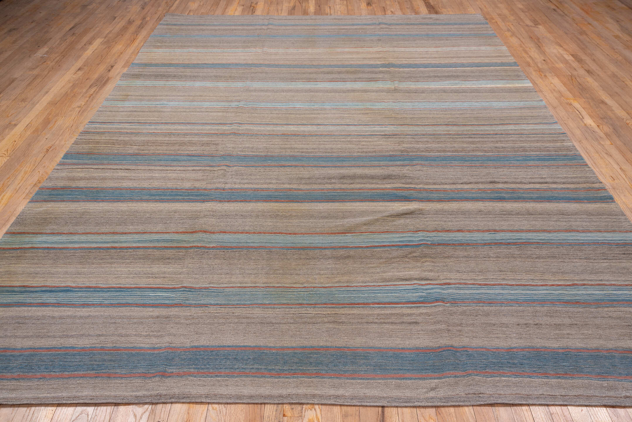 8' x 11' one-of-a-kind handmade vintage Kilim large size rug. Color palette: taupe, sky blue, slate, rust, ivory, beige