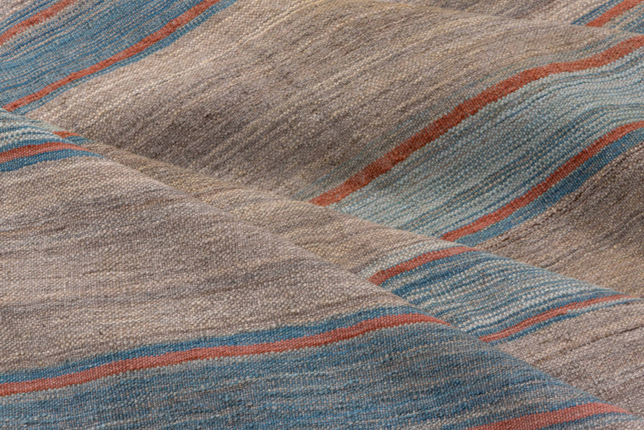8' x 11' one-of-a-kind handmade vintage Kilim large size rug. Color palette: taupe, sky blue, slate, rust, ivory, beige