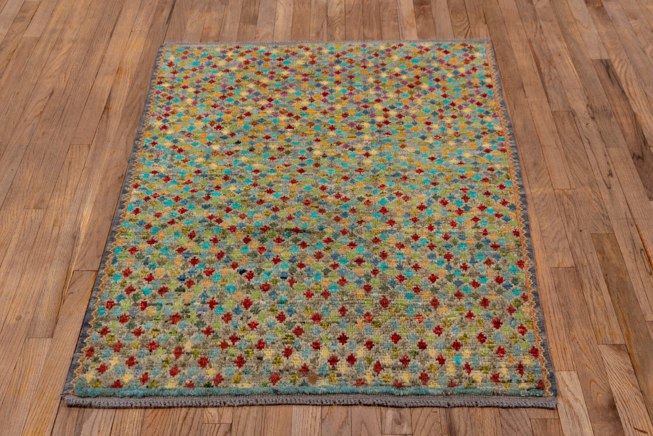 3' x 4' one-of-a-kind handmade vintage Gabbe small size rug. Color palette: taupe, turquoise, rust, gold, crimson, sage