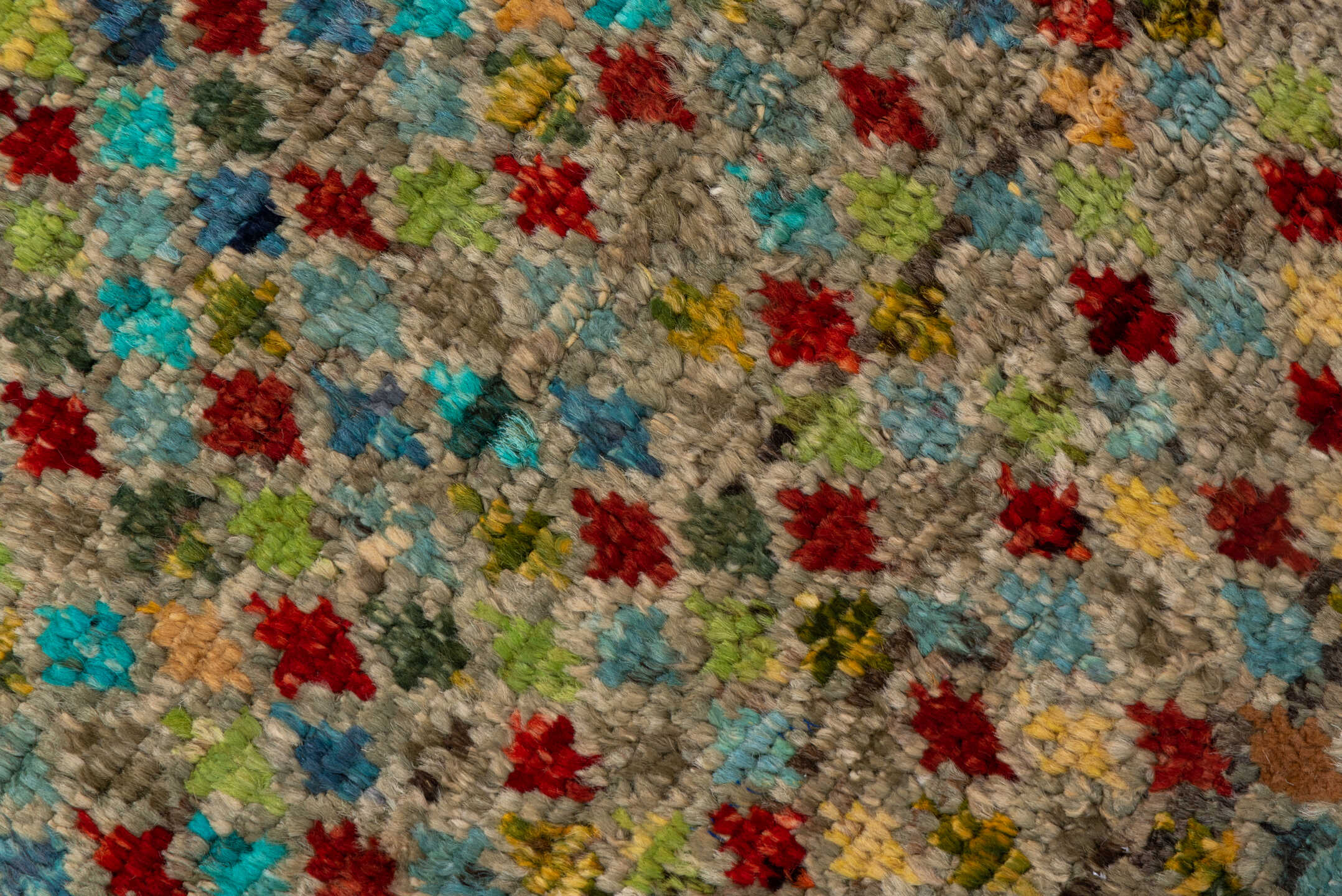 3' x 4' one-of-a-kind handmade vintage Gabbe small size rug. Color palette: taupe, turquoise, rust, gold, crimson, sage