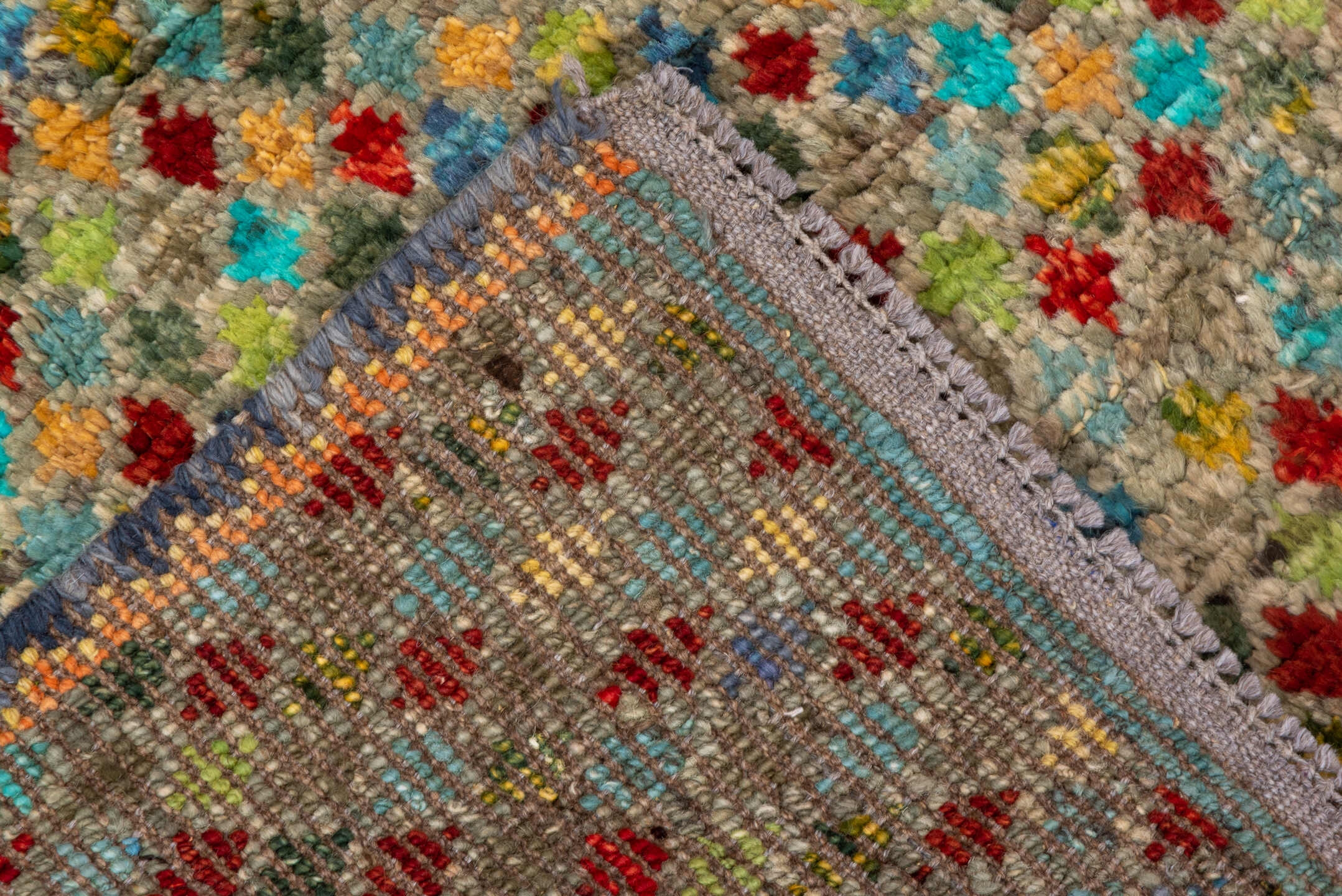 3' x 4' one-of-a-kind handmade vintage Gabbe small size rug. Color palette: taupe, turquoise, rust, gold, crimson, sage