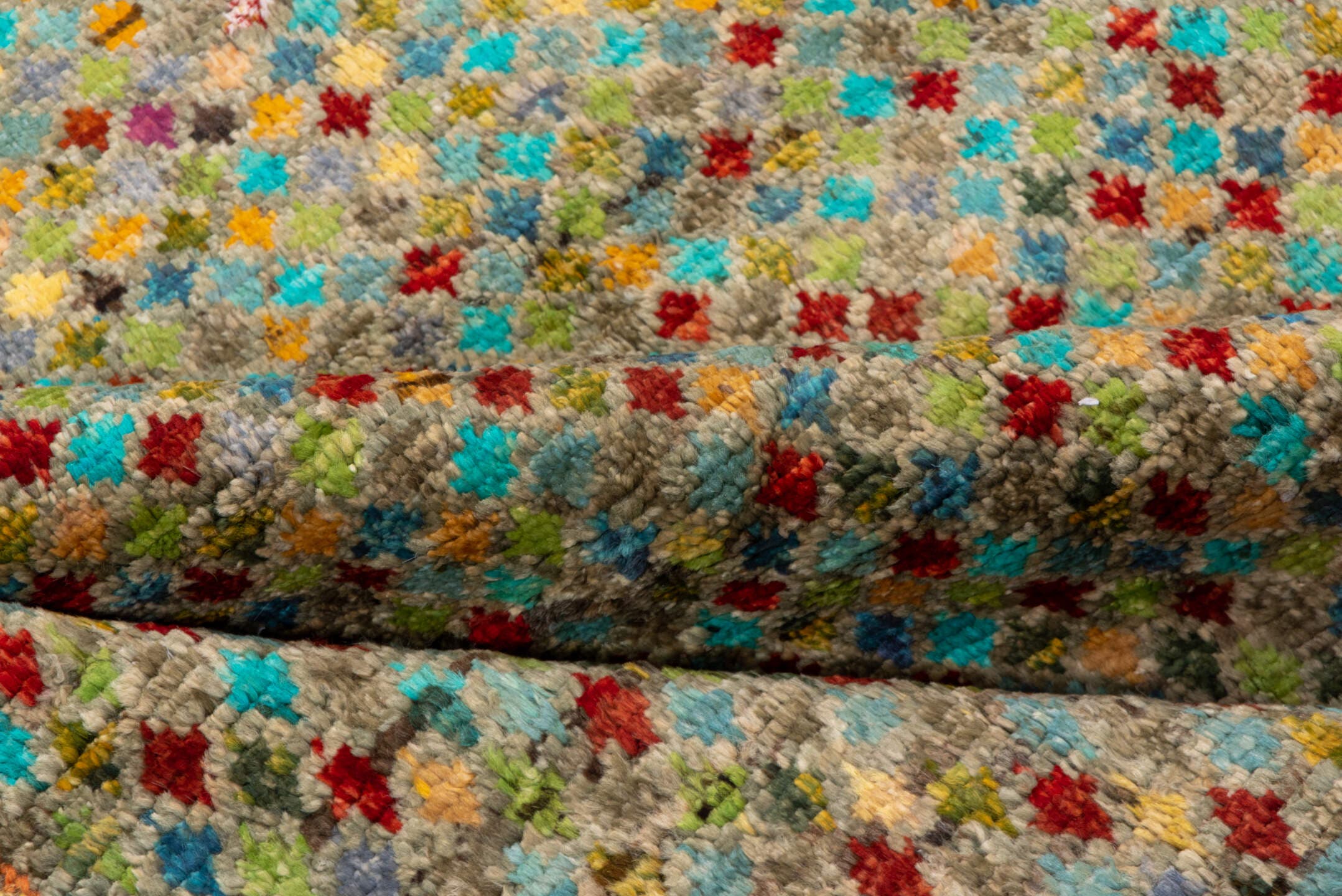 3' x 4' one-of-a-kind handmade vintage Gabbe small size rug. Color palette: taupe, turquoise, rust, gold, crimson, sage